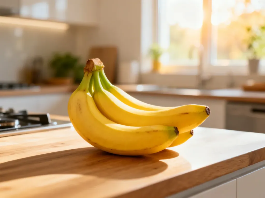 Kiść świeżych, żółtych bananów leżąca na drewnianym blacie kuchennym w promieniach porannego słońca.