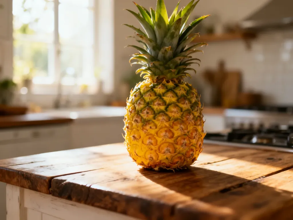 Świeży, dojrzały ananas leżący na rustykalnym drewnianym blacie w słonecznej kuchni.